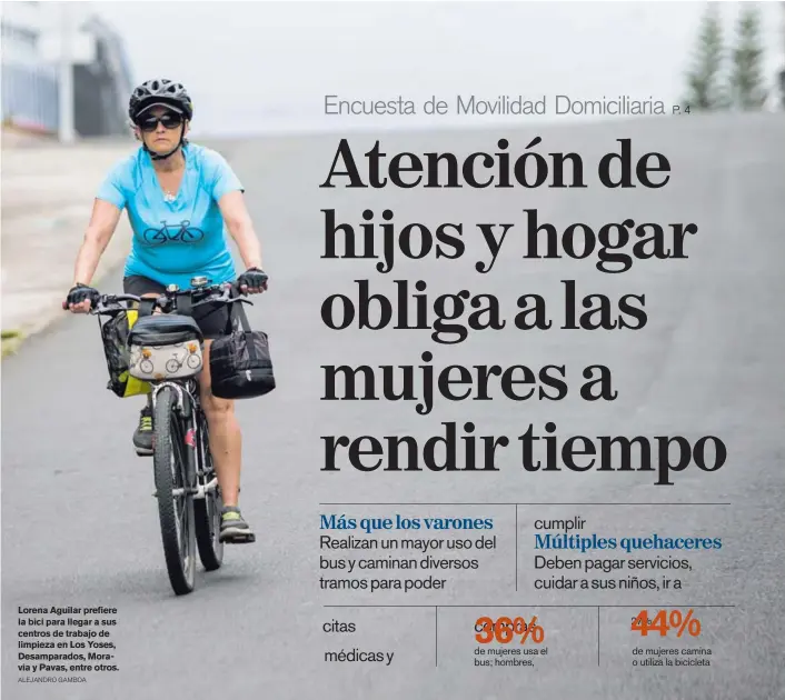  ?? ALEJANDRO GAMBOA ?? Lorena Aguilar prefiere la bici para llegar a sus centros de trabajo de limpieza en Los Yoses, Desamparad­os, Moravia y Pavas, entre otros.