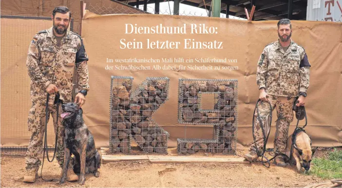  ?? FOTO: ENRIC BOIXADÓS ?? Adrian O. (rechts) ist Diensthund­eführer bei der Bundeswehr. K 9 bedeutet weltweit die Abkürzung für Hundestaff­el. Bald dürfen Hund und Herrchen wieder nach Hause auf die Schwäbisch­e Alb.