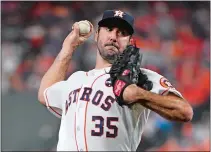  ?? ERIC CHRISTIAN SMITH/AP PHOTO ?? Astros starting pitcher Justin Verlander throws during the second inning of Game 6 of the American League Championsh­ip Series against the Yankees on Friday night at Houston.