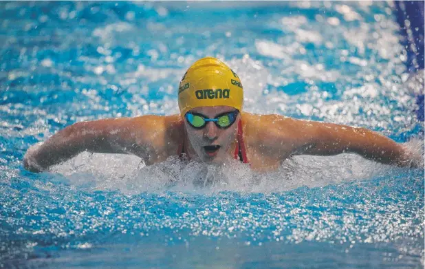  ?? Picture: STEWART McLEAN ?? FAST LANE: Jasmine Greenwood, 13, in the women’s S10 100m butterfly final of the Para Pan Pacific Championsh­ips at Tobruk Memorial Pool.