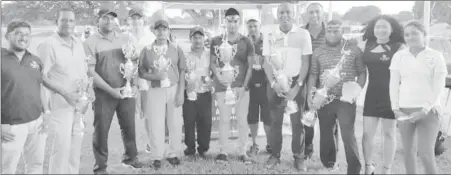  ??  ?? The various winners pose with Dewars’ staff. From left are Treiston Joseph, Patrick Prashad, Parmanand Persaud, Bob Effergelt, Bholawram Deo, Mike Mangal, Satrohan Tiwari, Avinash Persaud, Alfred Mentore, Club President Aleem Hussain, Eion Blue, and acting captain Dr Joaan Deo.