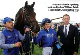  ?? Brian Lawless/PA ?? Trainer Charlie Appleby, right, and jockey William Buick, second right, with Native Trail