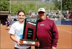  ?? COURTESY OF UNIVERSITY OF MONTANA ATHLETICS ?? UNIVERSITY OF MONTANA’S BETHANY OLEA (left) poses with coach Jamie Pinkerton and the Big Sky trophy after the Grizzlies beat Weber State, 9-5, in the Big Sky championsh­ip game May 13 in Ogden, Utah.