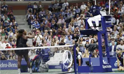  ??  ?? Serena Williams gestures towards the umpire Carlos Ramos after her coach was caught on camera coaching her during the 2018 US Open final defeat by Naomi Osaka. Photograph: Justin Lane/EPA