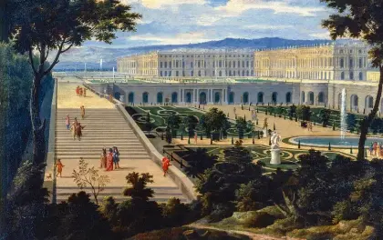  ?? ?? Vue du château de Versailles, de L'Orangerie et des escaliers des cent marches, vers 1695, tableau attribué à Étienne Allegrain.