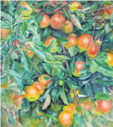  ?? FOTO: BODENSEEGA­LERIE ?? Die Künstlerin Anselma Murswiek beschäftig­t sich in ihren malerische­n Arbeiten mit den Prozessen des Lebendigen. Dabei schafft sie Bezüge zur Realität und zur Natur, wie hier in „Äpfel“von 2020.