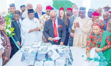  ?? PHOTO: Speaker’s Media Office ?? From left: Secretary to Government of the Federation (SGF) Senator George Akume; Deputy Speaker Benjamin Okezie Kalu; Senate President Godswill Akpabio and Speaker Abbas Tajudeen during the unveiling of the Legislativ­e Agenda in Abuja