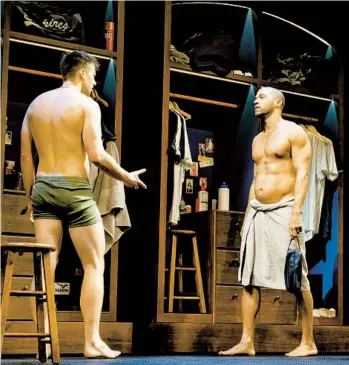  ?? SARA KRULWICH THE NEW YORK TIMES PHOTOS ?? Jesse Williams (right) in a locker room scene from the Tony Award-winning revival of “Take Me Out,” which features nudity. An audience member’s video of Williams in the buff was posted online in March.