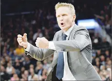  ?? (AP) ?? In this March 19, 2016 file photo, Golden State Warriors head coach Steve Kerr yells at a referee before being called for a technical foul during the first half of an NBA basketball game against the San Antonio Spurs, in San Antonio. Steve Kerr is the...