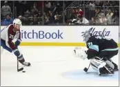  ?? LINDSEY WASSON — THE ASSOCIATED PRESS, FILE ?? Avalanche center Nathan MacKinnon (29) prepares to shoot on Kraken goaltender Philipp Grubauer (31) for the only goal of the shootout in a Jan. 21game in Seattle.
TUNE IN
NHL ALL-STAR GAME When: Saturday, noon TV: ABC