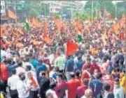  ?? ANI ?? Hindu Jagran Manch stages a protest in Indore on Tuesday.