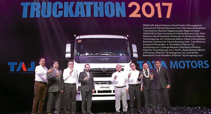  ??  ?? FROM left, Rajesh Khanna (Head Product Management, Commercial Vehicles Business Unit, Internatio­nal Business, Tata Motors); Rustom Nagporewal­la (Regional Head - ASEAN & Far East Commercial Vehicle Business Unit, Tata Motors); David Coyukiat (Chairman...