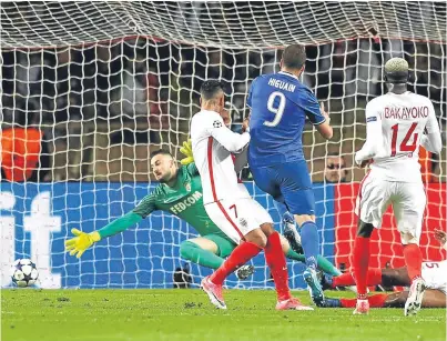  ?? Picture: Getty. ?? Gonzalo Higuain scores the first of his double for Juventus in their 2-0 win at Monaco.