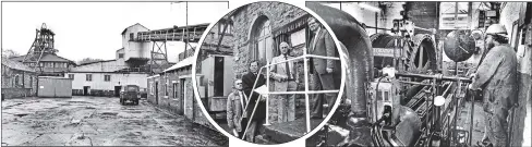  ?? PICTURES: PETER TUFFREY ?? PROUD PAST: Main picture, Denby Grange Colleries Athletic Club miners line up for a photograph; above from left, Caphouse Colliery, the site of the new Yorkshire Mining Museum, December 5, 1985; Yorkshire Mining Museum plaque unveiling at Caphouse Colliery, December 5, 1985; Caphouse Colliery steam driven winding gear, December 5, 1985; Denby Grange NUM present a banner to Caphouse Museum, November 19, 1991.