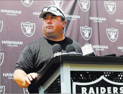  ?? Heidi Fang ?? Las Vegas Review-journal @Heidifang New Raiders defensive coordinato­r Paul Guenther takes questions Sunday at the team’s training camp in Napa, Calif.