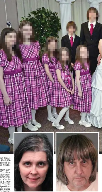  ??  ?? Ten girls. Three boys. Living in a quiet suburban road. Now, after US police found them shackled and starving, neighbours admit they only saw them at night looking pale and thin — and even scavenging for food in bins... Charged with torture: Louise...