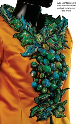  ?? ?? Yves Saint Laurent's haute couture 1989 embroidere­d jacket and dress.
