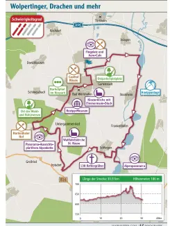  ?? Grafik: Niklas Marienhage­n ?? Unsere Tour ist rund 30 Kilometer lang und führt an malerisch gelegenen Seen entlang und hinauf zum Panoramabl­ick nach Hartenthal.