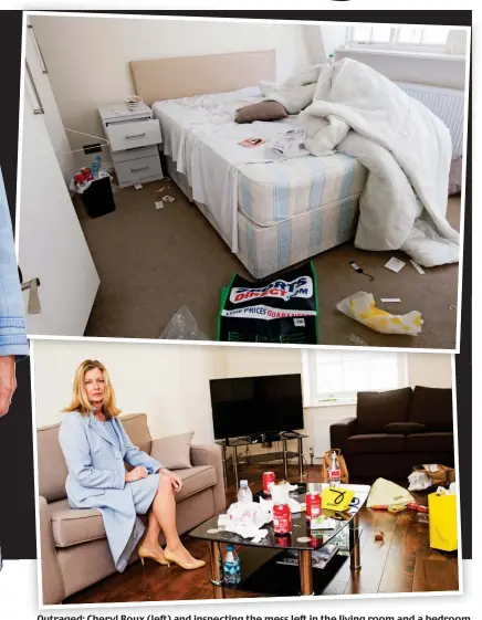  ??  ?? Outraged: Cheryl Roux (left) and inspecting the mess left in the living room and a bedroom of her property (above). Far left, the exterior of her £5 million home in London’s Belgravia