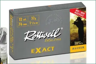  ??  ?? La récente Rottweil Exact fait partie de l’échantillo­n testé. Cette balle plomb de 32 g, dans sa version actuelle, est la plus lourde du lot.