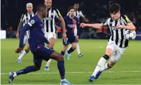  ?? Getty Images ?? The ball deflects off Tino Livramento’s body and up on to his arm for the controvers­ial penalty awarded by VAR and scored by PSG’s Kylian Mbappé. Photograph: Marc Atkins/