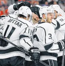  ?? USA TODAY SPORTS ?? The Los Angeles Kings celebrate a goal by forward Brendan Lemieux during the second period against the Edmonton Oilers in game one of the first round of the 2022 Stanley Cup playoffs at Rogers Place Monday.