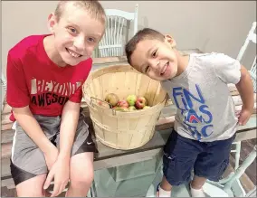  ??  ?? Kade and Liam picked this basket of apples from the Starr Hill Orchard, an apple orchard that is being restored by their parents, Ryan Acord and Jordan Stidham.