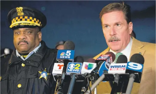  ?? SUN- TIMES FILE PHOTO ?? Then- Area North Cmdr. Kevin Duffin ( right) with Police Supt. Eddie Johnson at a news conference in November 2016.