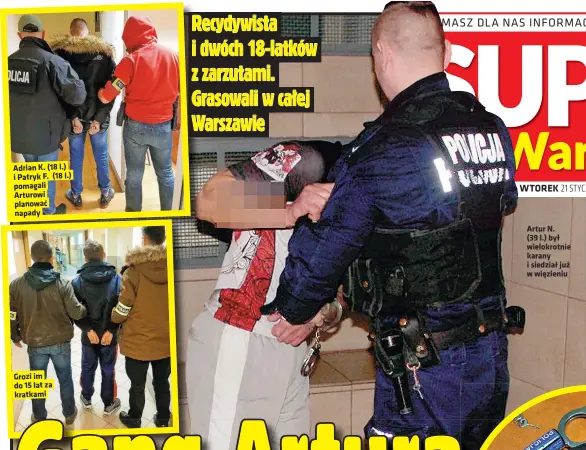  ??  ?? Adrian K. (18 l.) i Patryk F. (18 l.) pomagali Arturowi planować napady
Grozi im do 15 lat za kratkami
Artur N. (39 l.) był wielokrotn­ie karany i siedział już w więzieniu