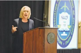  ?? John Carl D’Annibale / Albany Times Union 2018 ?? Sen. Kirsten Gillibrand, D-N.Y., addresses an NAACP meeting last year in Colonie, N.Y. She has hired two top communicat­ions advisers for the 2020 race.