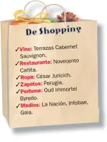  ??  ?? Vino: Terrazas Cabernet Sauvignon.
Restaurant­e: Novecento Cañita.
Ropa: César Juricich. Zapatos: Perugia.
Perfume: Oud Immortel Byredo.
Medios: La Nación, Infobae, Gaia.