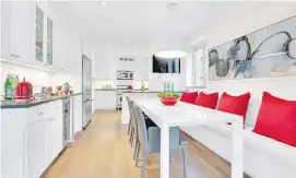  ??  ?? Tomato-red pillows placed on a kitchen banquette help create a cheery and inviting space.