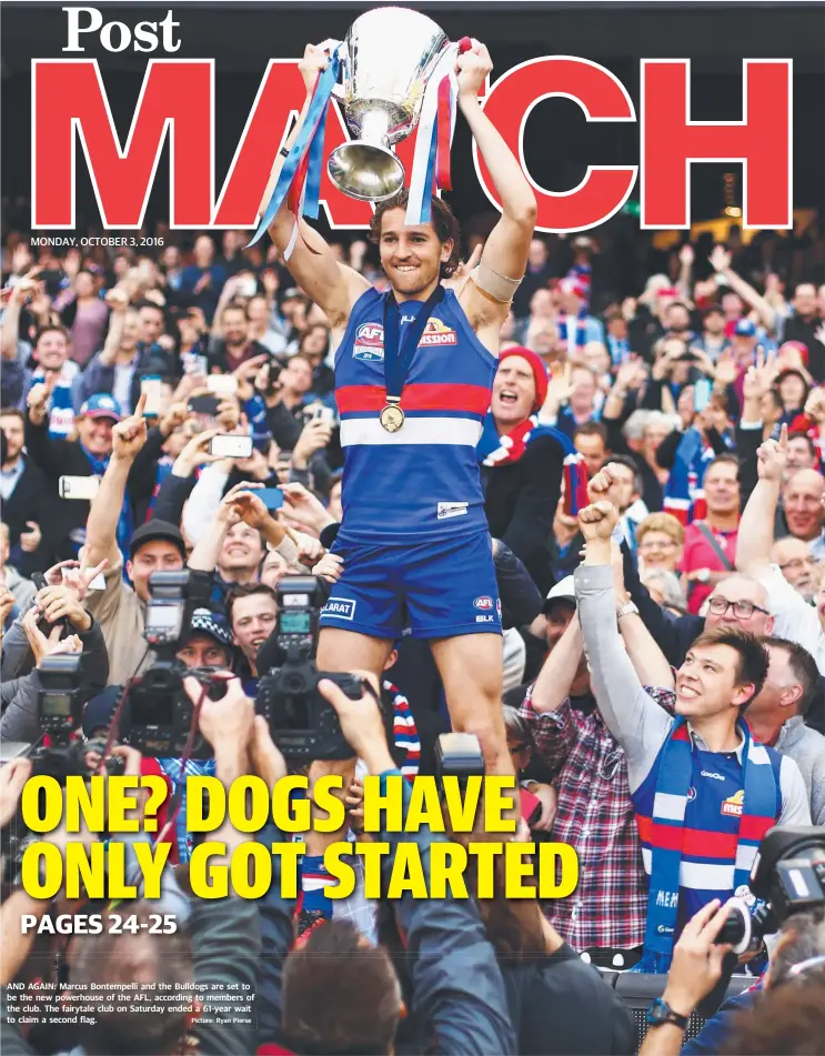  ?? Picture: Ryan Pierse ?? AND AGAIN: Marcus Bontempell­i and the Bulldogs are set to be the new powerhouse of the AFL, according to members of the club. The fairytale club on Saturday ended a 61-year wait to claim a second flag.