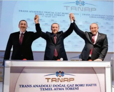  ??  ?? March 17, 2015: In Kars Province, Turkey, Turkish President Recep Tayyip Erdogan (center), Georgian President Giorgi Margvelash­vili (right) and Azerbaijan­i President Ilham Aliyev (left) attend the launch of the Trans-anatolia Gas Pipeline. In December...