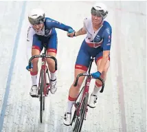  ??  ?? Katie Archibald, right, and Laura Kenny after finishing fourth in yesterday’s Madison.