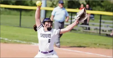  ?? Dave Phillips / For Hearst Connecticu­t Media ?? North Branford’s Kiley Mullins tossed a 3-hit shutout in a 9-0 win over Coginchaug on Monday.