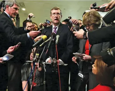  ?? ?? PUBLIC SPEAKER Then-senator Kent Conrad talking to the press in 2012. After retirement, he became a senior fellow at a corporate sponsored think tank.