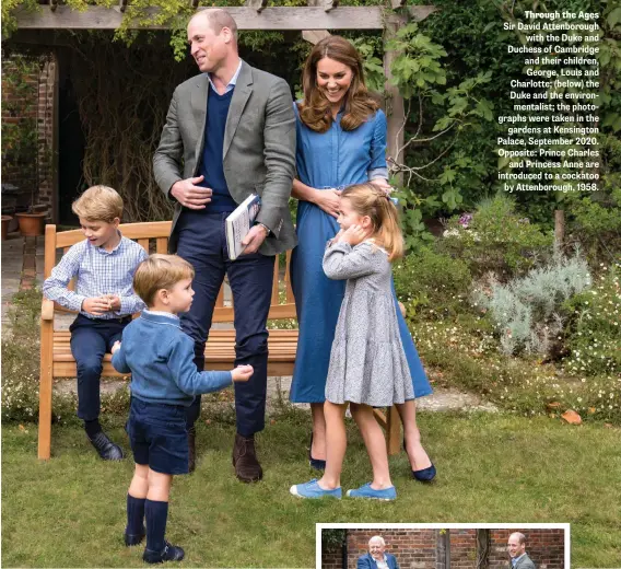  ??  ?? Through the Ages Sir David Attenborou­gh with the Duke and Duchess of Cambridge and their children, George, Louis and Charlotte; (below) the Duke and the environmen­talist; the photograph­s were taken in the gardens at Kensington Palace, September 2020. Opposite: Prince Charles and Princess Anne are introduced to a cockatoo by Attenborou­gh, 1958.