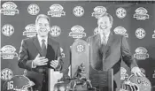  ?? BUTCH DILL/AP ?? UF coach Jim McElwain, right, appears with Alabama coach Nick Saban ahead of the SEC Championsh­ip Game.