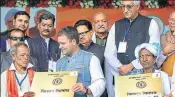  ?? PTI ?? Congress president Rahul Gandhi, Chhattisga­rh chief minister Bhupesh Baghel and other senior Congress leaders during a rally in Bastar on Saturday.