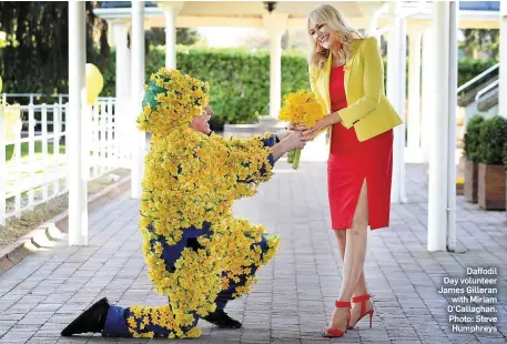  ??  ?? Daffodil Day volunteer James Gilleran with Miriam O’Callaghan. Photo: Steve Humphreys