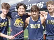  ?? ?? Fraser’s first-place 4x 800relay team of, from left, Lance Edghill, Jared Wu, William Minor and Connor Steepe.