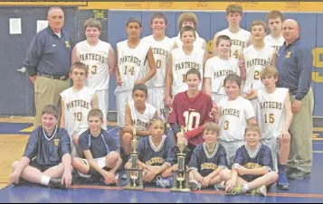  ?? Courtesy photo ?? Rappahanno­ck’s JP basketball champs are (front row, from left) Caleb Ramey, Sam Barnes, Chance Graves, Henry Wood, Richard Lillard and (second row) Ryan Atkins, Zion Hanberry, Ethan Sumner, Grayson Thornhill, Alan Eisenmann and (third row) coach Wayne...