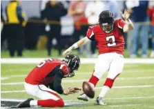  ?? AP PHOTO/JOHN BAZEMORE ?? Atlanta Falcons kicker Matt Bryant warms up before the NFC divisional playoff game against the Seattle Seahawks in Atlanta in 2017.