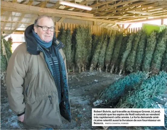  ?? PHOTO CHANTAL POIRIER ?? Robert Boivin, qui travaille au kiosque Grover, à Laval, a constaté que les sapins de Noël naturels se vendent très rapidement cette année. La forte demande américaine ralentit aussi la livraison de son fournisseu­r en Beauce.