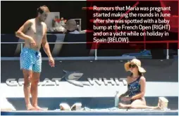  ?? ?? Rumours that Maria was pregnant started making the rounds in June after she was spotted with a baby bump at the French Open (RIGHT) and on a yacht while on holiday in Spain (BELOW).