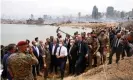  ??  ?? French president Emmanuel Macron tours the wreckage last week. Photograph: Thibault Camus/EPA