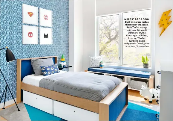  ??  ?? MILES’ BEDROOM Built-in storage makes the most of the space. Ikea’s Trofast storage unit, from £31, would work here. Try the Klara single cabin bed, £244.99, Wayfair. Tumbling Blocks wallpaper in Cobalt, price on request, Schumacher