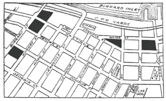  ?? FILES ?? A map shows five blocks of Downtown Vancouver that were to be razed for parking lots in a 1946 plan by Russell H. Riley. The blocks are blacked out. The map ran in the Jan. 24, 1946 Vancouver Sun.