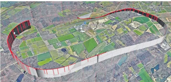  ?? FOTO: BFU/GOOGLE EARTH ?? Die Bundesstel­le für Flugunfall­untersuchu­ng hat den Flugweg der letzten drei Minuten aus den GPS-Daten rekonstrui­ert. Dort, wo der Abstand zum Boden am geringsten ist, befindet sich die Absturzste­lle. Die roten Linien stellen die Messpunkte dar, an denen jeweils die Höhe über Grund gemessen wurde.